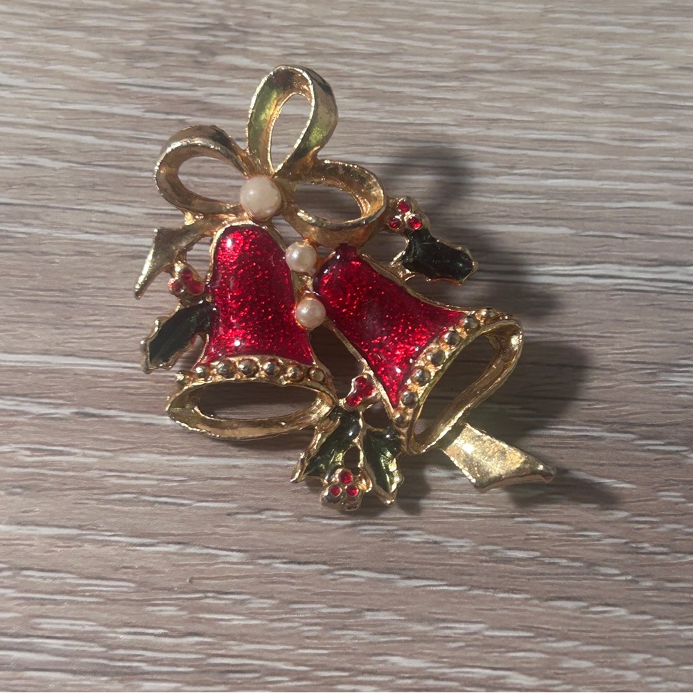 Vintage Christmas Bell Brooch Red Gold Holly Holiday Jewelry Pin